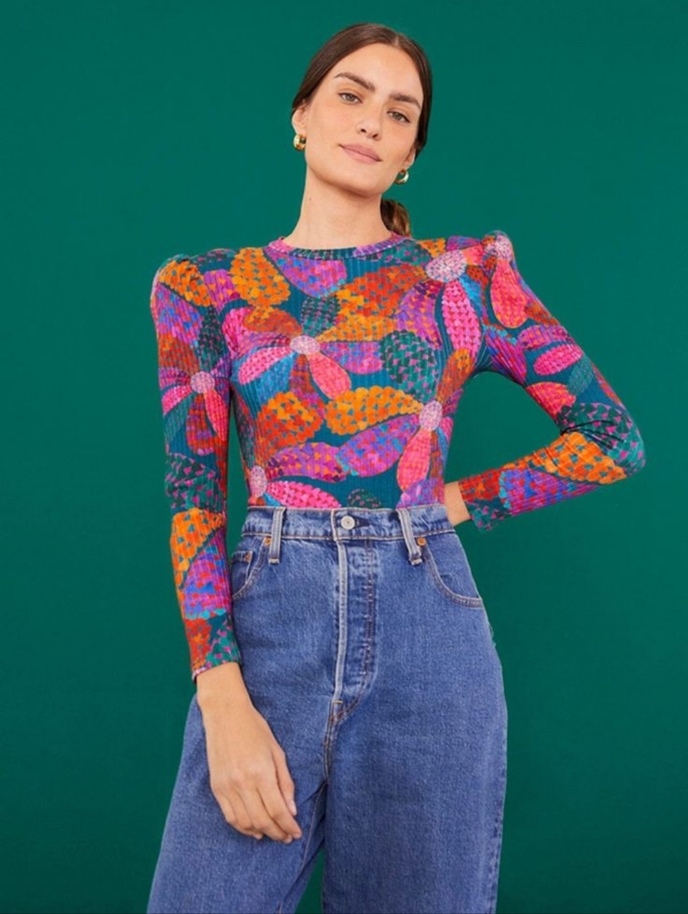 Farm Rio Puff Sleeve Floral Bodysuit Large